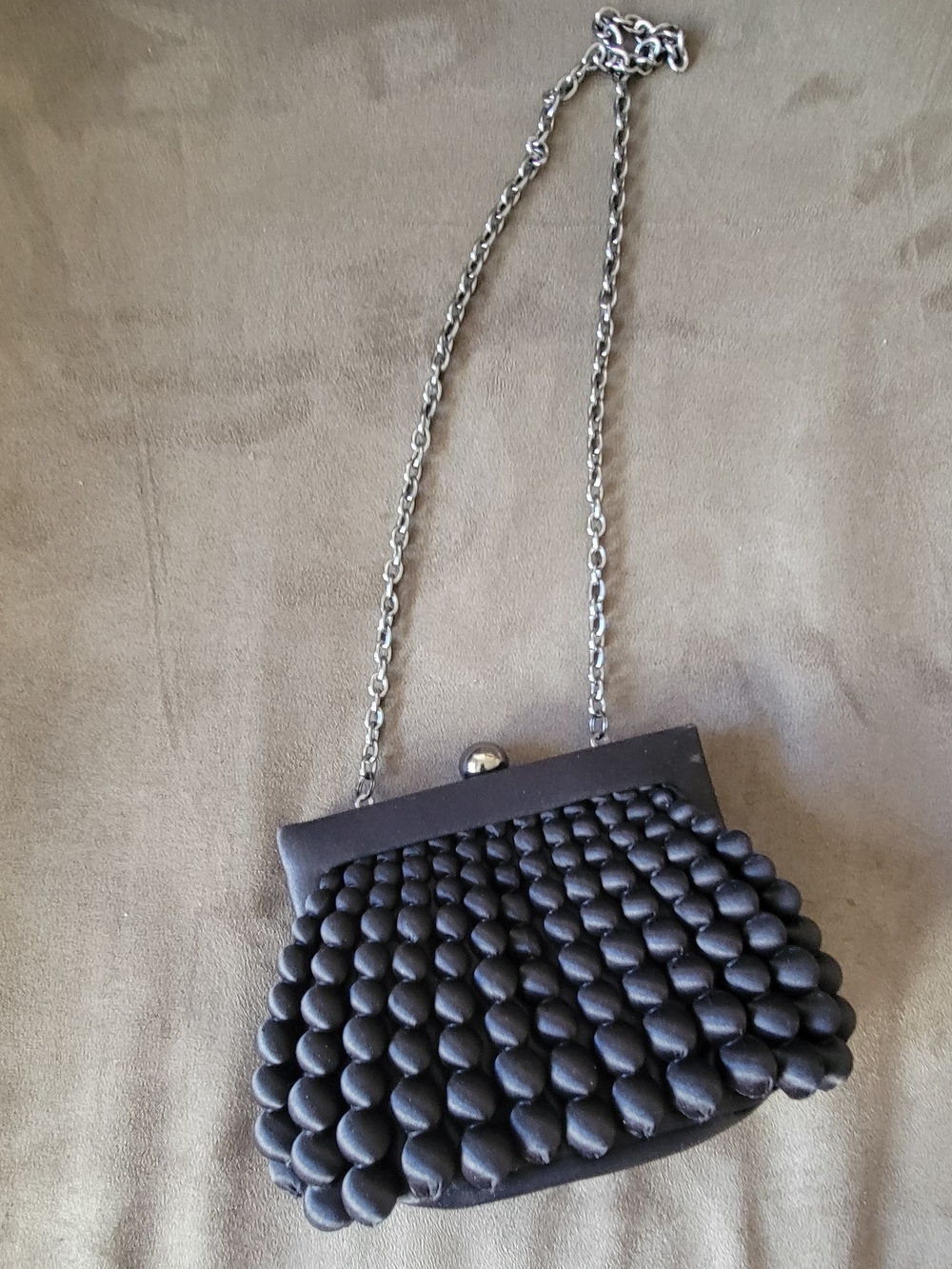 Sondra Roberts Black Beaded Satin Chain-Handle Evening Bag